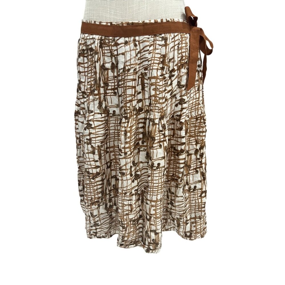 Vintage Carole Little Brown/White Abstract Print Silk Midi Skirt W/Side Tie 12